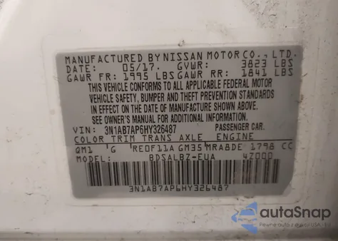 2017 Nissan Sentra S z USA, uszkodzony, nr VIN 3N1AB7AP6HY326487